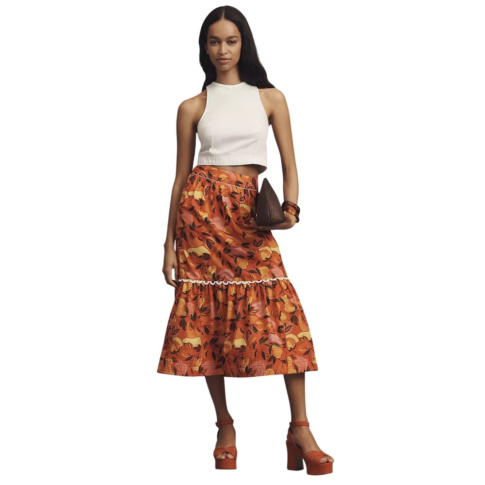 NWT FARM RIO Rio Tiered Flare-Hem Printed Midi Skirt, Size XXS